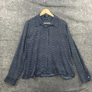 Chaps Shirt Womens XL Navy Blue White Geometric Dot Long Sleeve Blouse Flowy